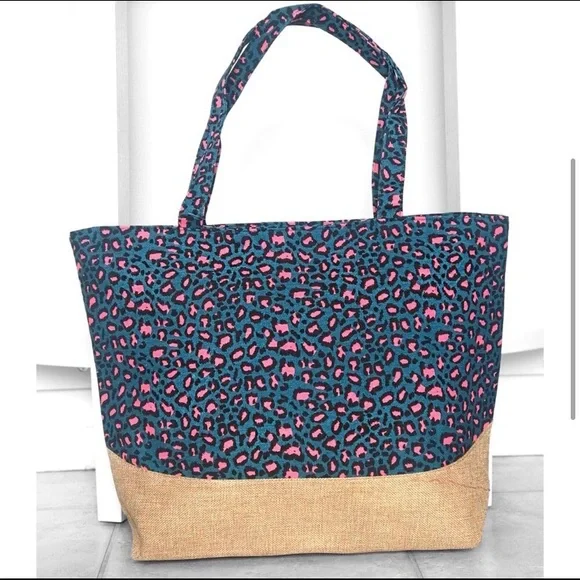 Teal pink leopard print women’s large jute canvas tote bag - Picture 2 of 4